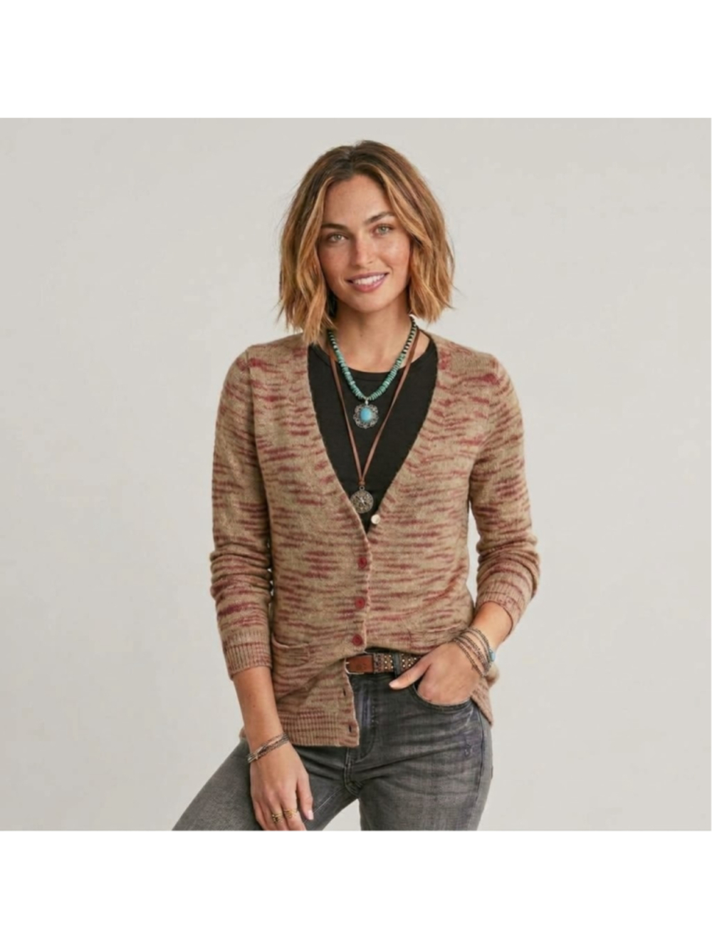 Free People Beach Tiger Stripe Beige Red Mohair Cardigan - Small